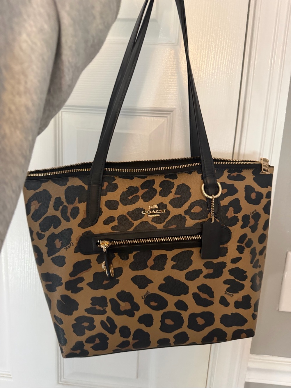 Coach Leopard-Print Tote in Brown and Black with Gold Hardware